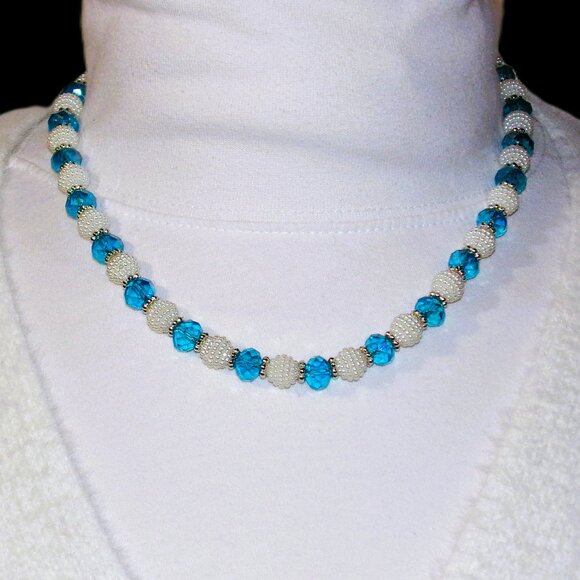 Blue glass and white round bead necklace an earring set with silver spacer beads - Picture 12 of 15